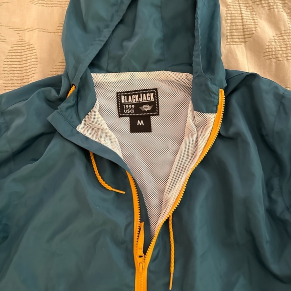 Men's Teal and Yellow Raincoat with Hood - Picture 2 of 3